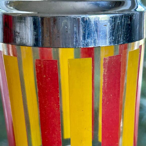Mid-CenturyOrange and Green Striped Glass Cocktail Shaker w/ Chrome Top, 10” - Picture 5 of 16